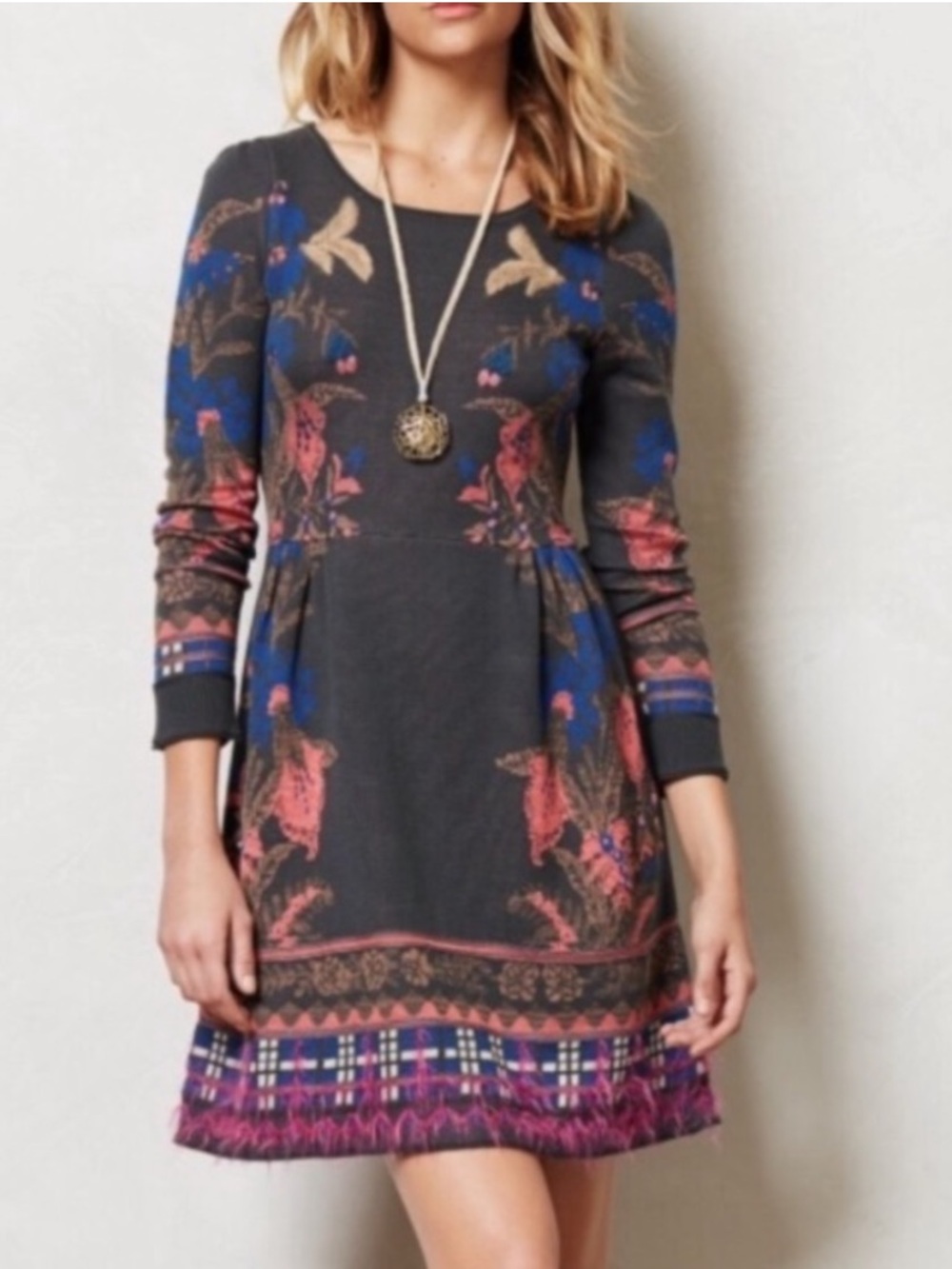 Anthropologie Knitted & Knotted Long-Sleeve Patterned A-Line Dress. Size Medium